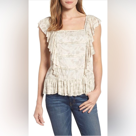 Lucky Brand Tops - Vintage Lucky brand ruffled floral t-shirt with square neckline.